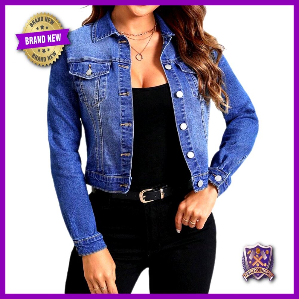 Cropped Denim Jacket Stretchy Slim Fit Classic Chic Button Down Long Sleeve